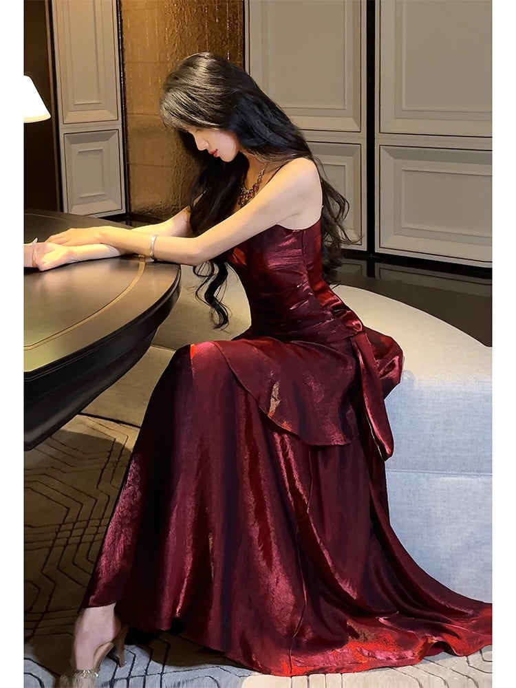 Stunning Mermaid Spaghetti Straps Burgundy Satin Long Prom Dresses Inspiration Prom Gowns RB1331