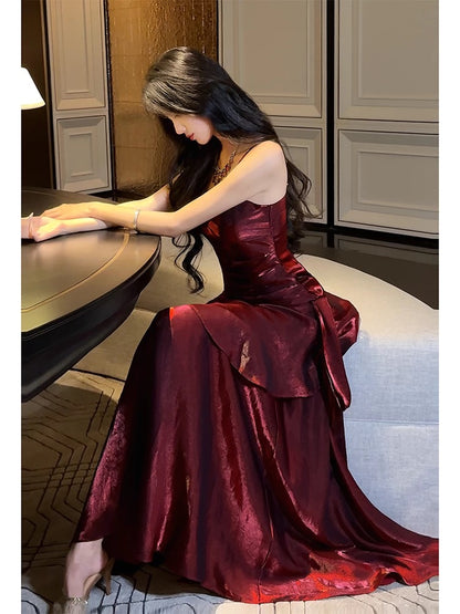 Stunning Mermaid Spaghetti Straps Burgundy Satin Long Prom Dresses Inspiration Prom Gowns RB1331
