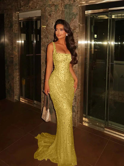 Enchanted Mermaid Square Blue Sequin Long Prom Dresses Party Dress 22th Birthday Outfits Graduation Dress RB1502