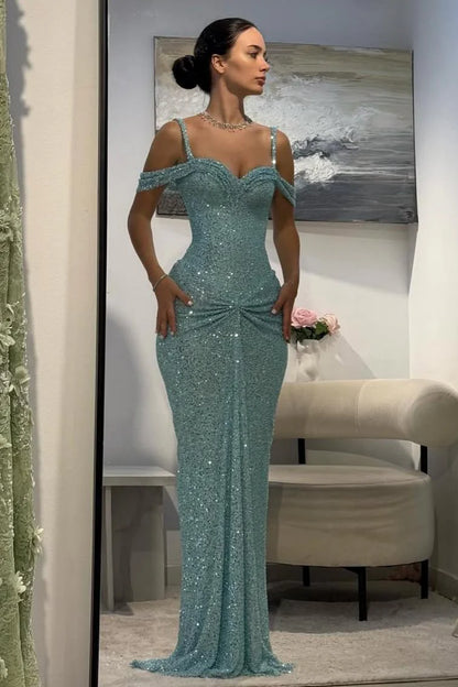 Blue Sequins Party Dress Off the Shoulder Sleeveless Prom Dress Evening Dress AB1555
