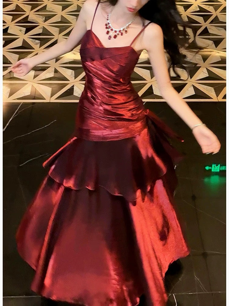 Stunning Mermaid Spaghetti Straps Burgundy Satin Long Prom Dresses Inspiration Prom Gowns RB1331
