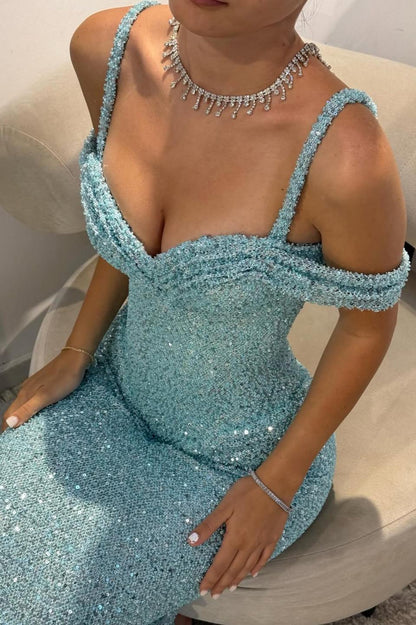 Blue Sequins Party Dress Off the Shoulder Sleeveless Prom Dress Evening Dress AB1555