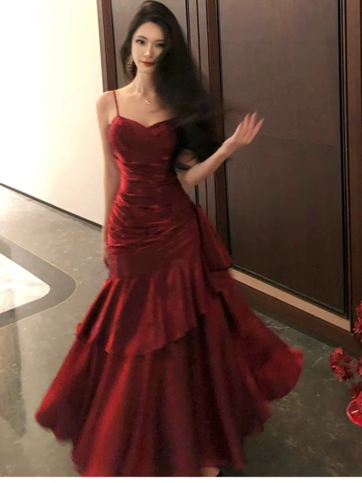 Stunning Mermaid Spaghetti Straps Burgundy Satin Long Prom Dresses Inspiration Prom Gowns RB1331