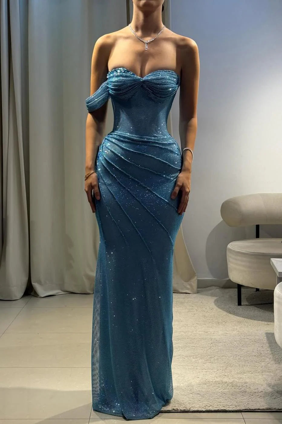 Elegant Mermaid Sweetheart Sequin Blue With Pleated Prom Dresses For Teens Formal Dress 18th Birthday Outfits Prom Gown RB1503
