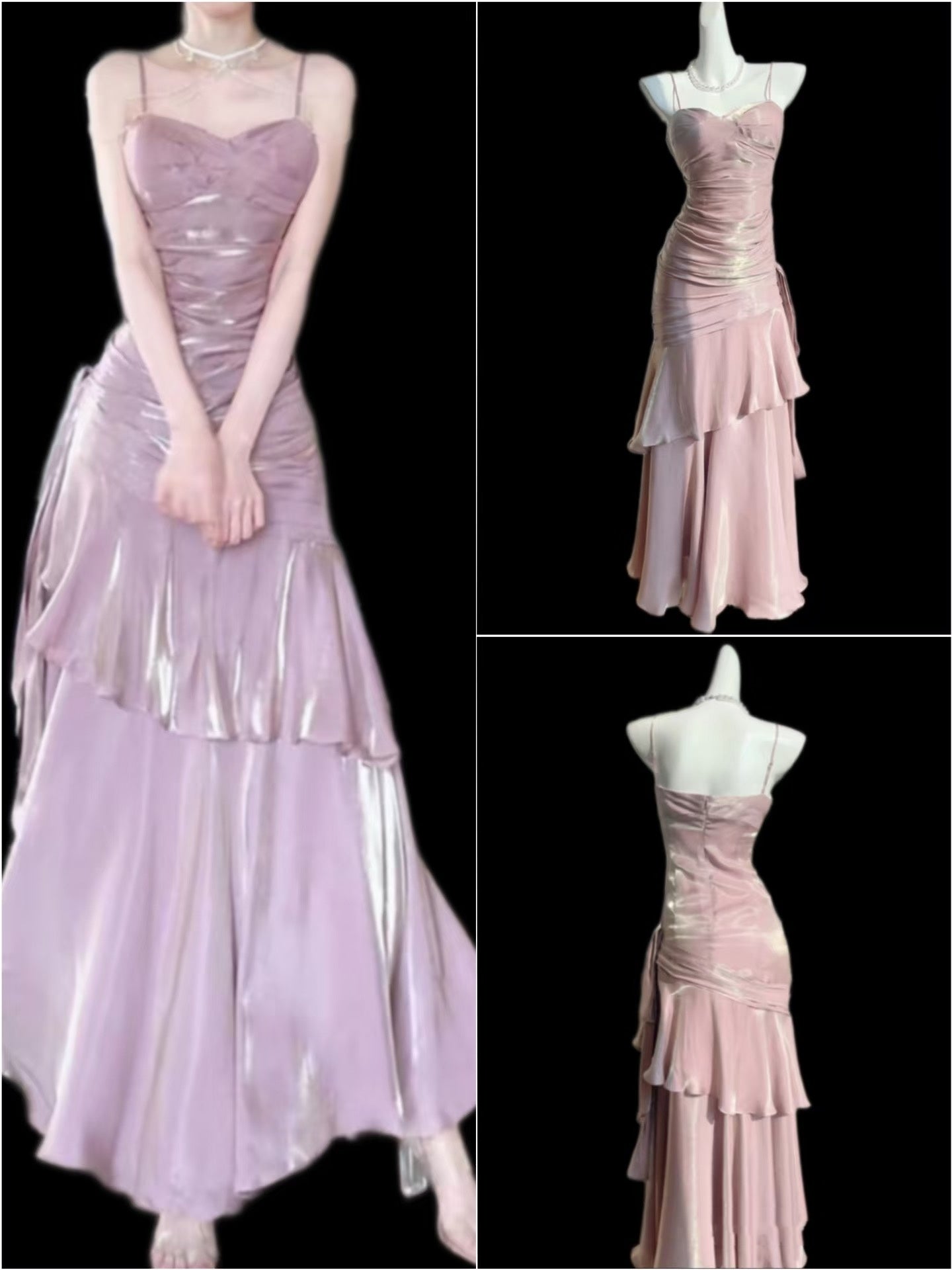 Fairytale Pink Spaghetti Straps A-Line Glitter Satin Long Prom Dresses Fashion Evening Dress RF0959