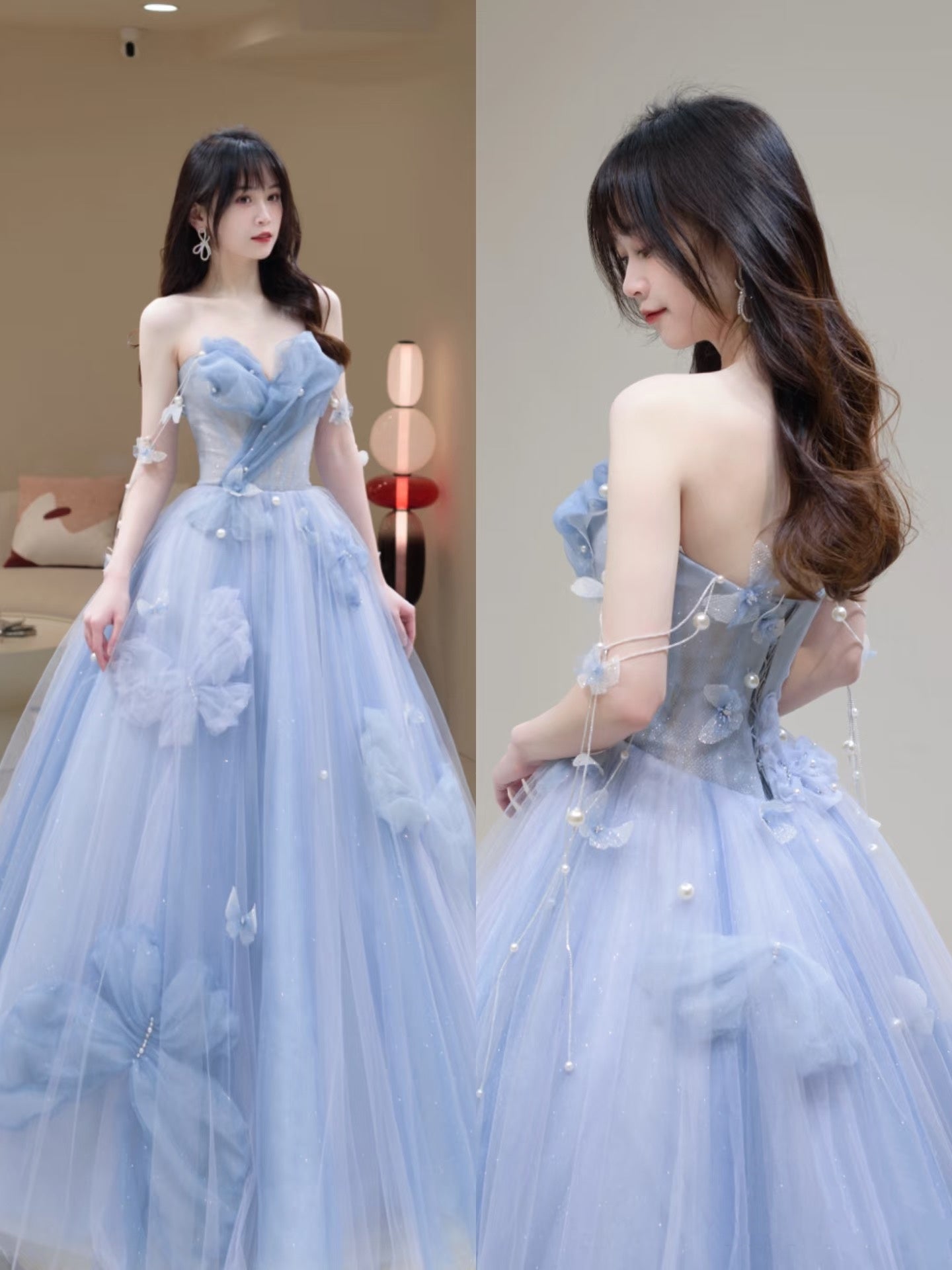 Charming Ball Gown Sweetheart Blue Tulle Long Prom Dresses Formal Party Dress Prom Gown AU112