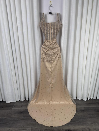 Sparkly Mermaid Square Neck Champagne Sequins Senior Prom Dresses High School Long Formal Dress N1320