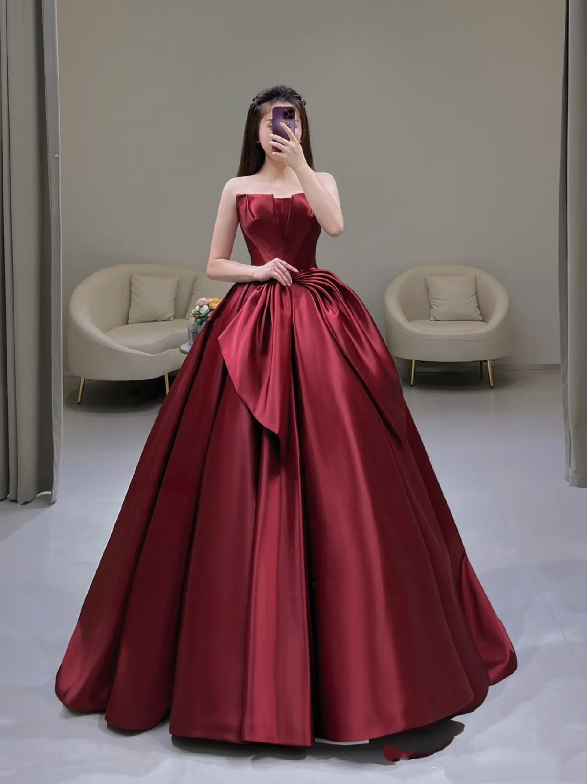 Classy Ball Gown Strapless Burgundy Satin Prom Dresses Party Dress Dance Senior High School Graduation Dress AU425