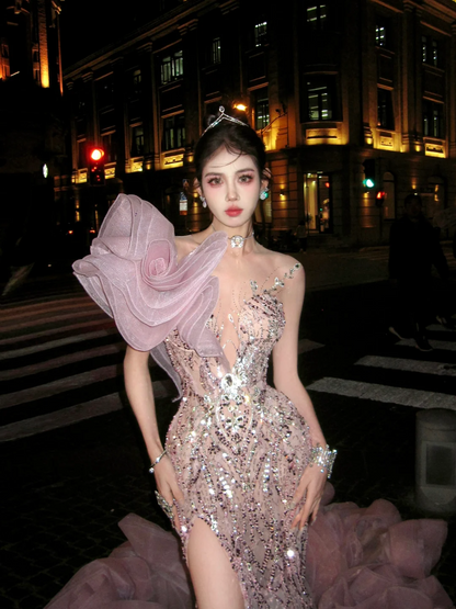 New Mermaid One Shoulder Pink Layered Prom Dress Aesthetic Long Graduation Evening Outfits N078