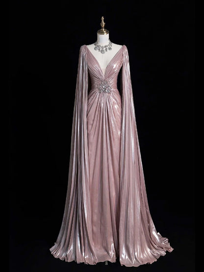 Vintage A line V Neck Pink Beaded Bodice Satin With Cape Long Prom Dress Evening Outfits Formal Dress N541