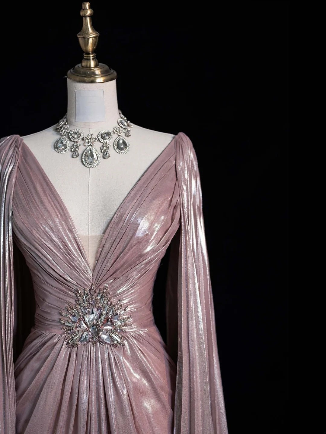 Vintage A line V Neck Pink Beaded Bodice Satin With Cape Long Prom Dress Evening Outfits Formal Dress N541