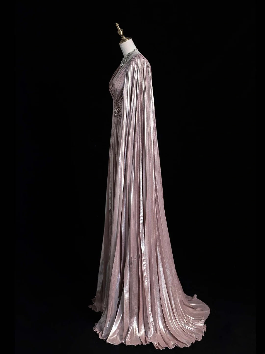 Vintage A line V Neck Pink Beaded Bodice Satin With Cape Long Prom Dress Evening Outfits Formal Dress N541