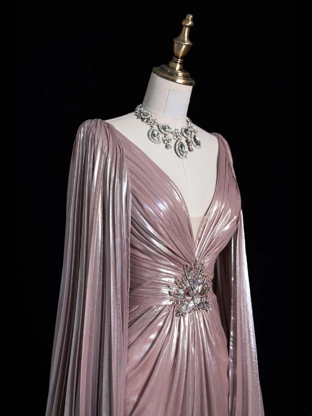 Vintage A line V Neck Pink Beaded Bodice Satin With Cape Long Prom Dress Evening Outfits Formal Dress N541