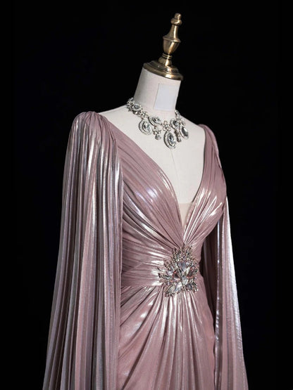 Vintage A line V Neck Pink Beaded Bodice Satin With Cape Long Prom Dress Evening Outfits Formal Dress N541