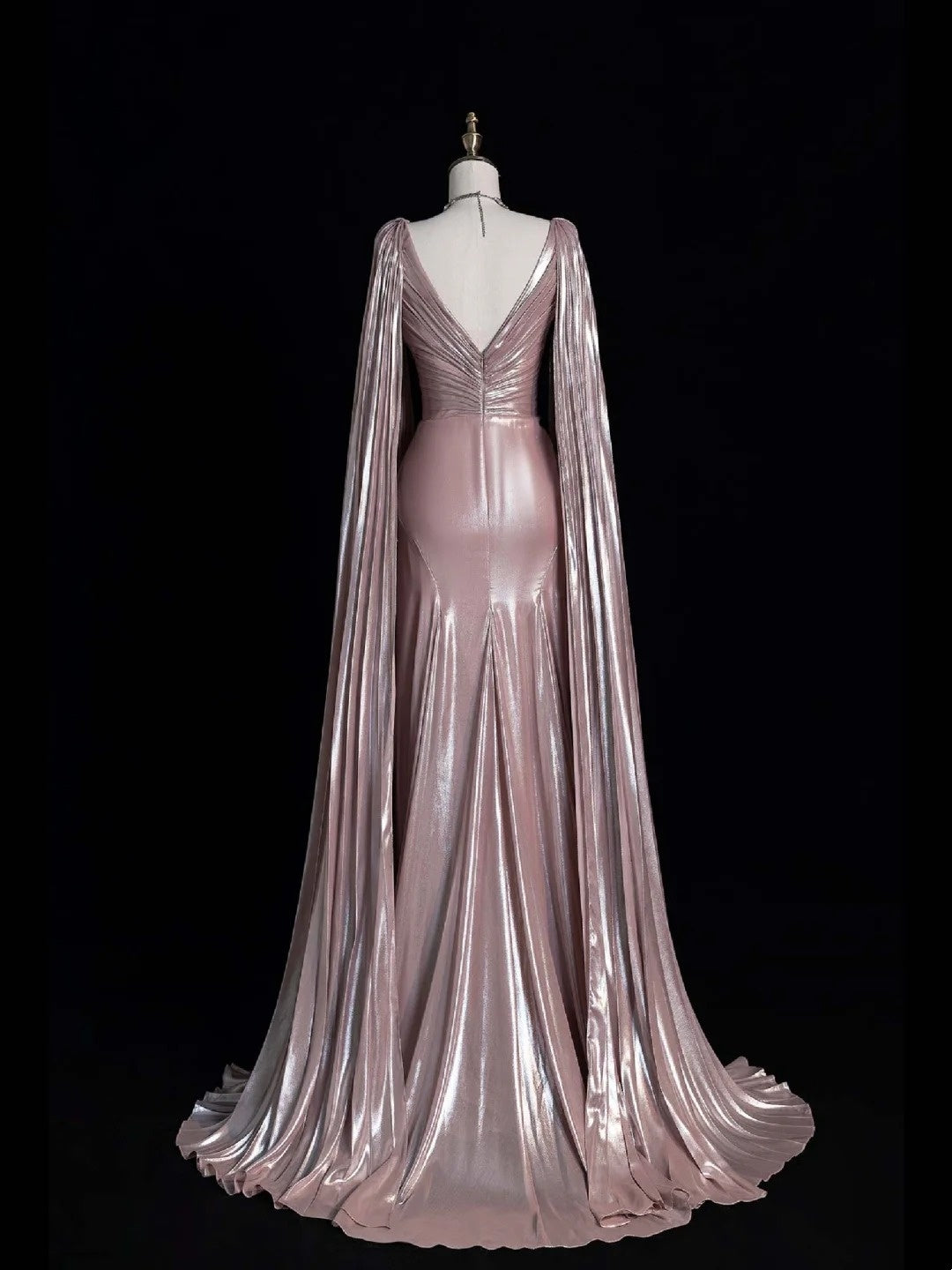 Vintage A line V Neck Pink Beaded Bodice Satin With Cape Long Prom Dress Evening Outfits Formal Dress N541