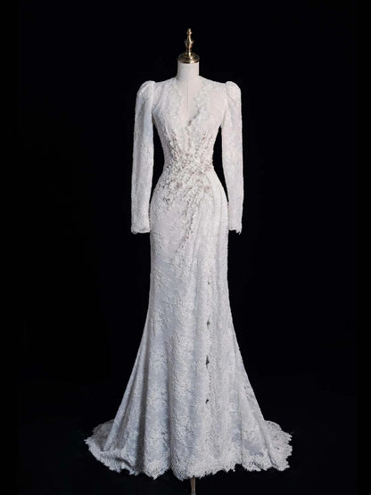 Vintage Mermaid V Neckline Lace Long Sleeeves Wedding Dress Fairytale Autumn Bridal Dresses N541