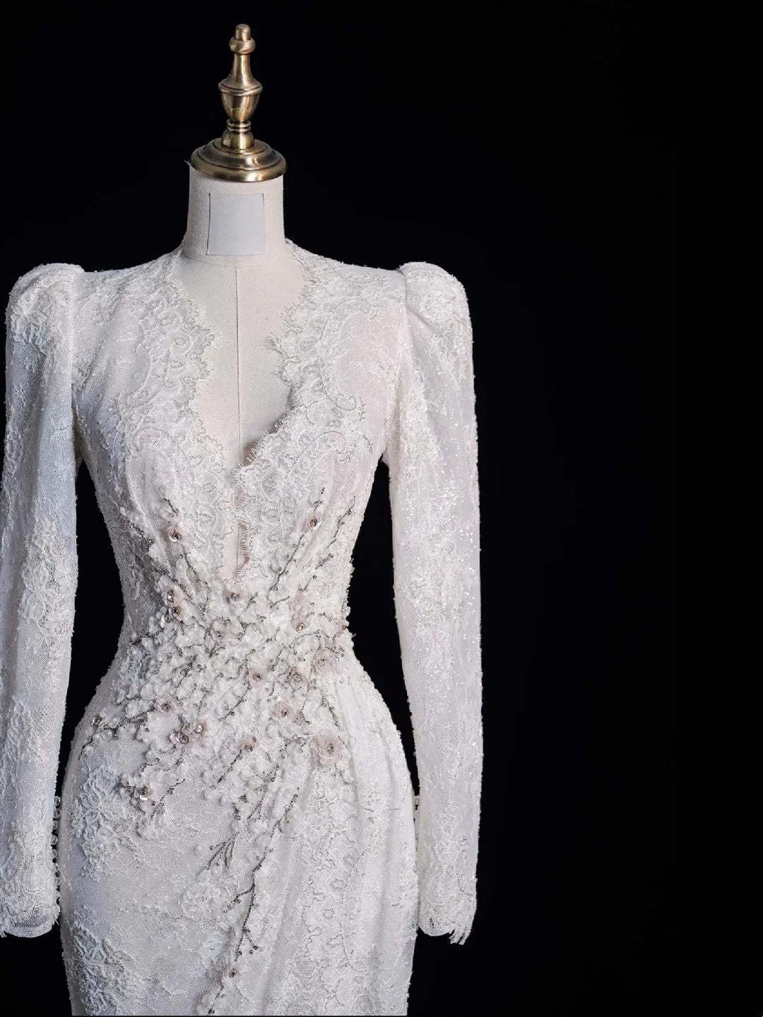 Vintage Mermaid V Neckline Lace Long Sleeeves Wedding Dress Fairytale Autumn Bridal Dresses N541