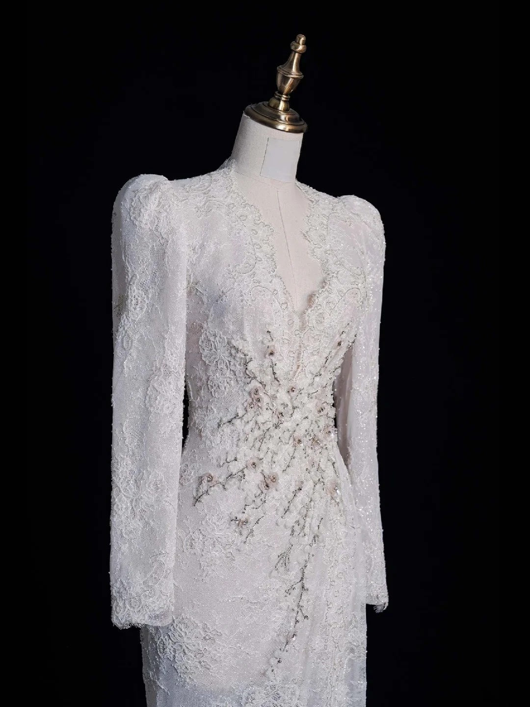 Vintage Mermaid V Neckline Lace Long Sleeeves Wedding Dress Fairytale Autumn Bridal Dresses N541