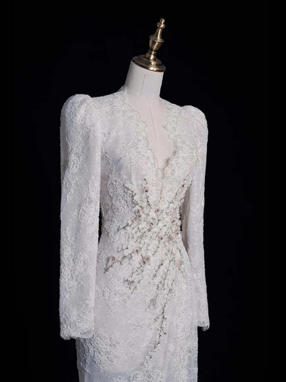 Vintage Mermaid V Neckline Lace Long Sleeeves Wedding Dress Fairytale Autumn Bridal Dresses N541