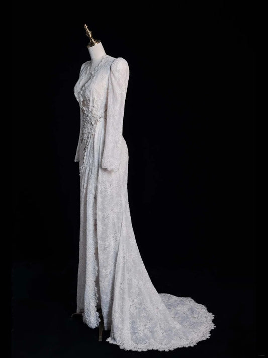 Vintage Mermaid V Neckline Lace Long Sleeeves Wedding Dress Fairytale Autumn Bridal Dresses N541