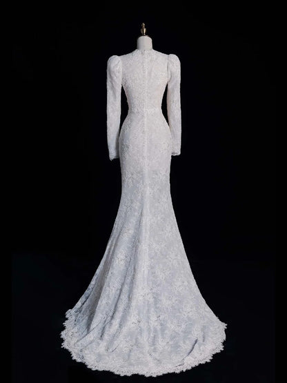 Vintage Mermaid V Neckline Lace Long Sleeeves Wedding Dress Fairytale Autumn Bridal Dresses N541