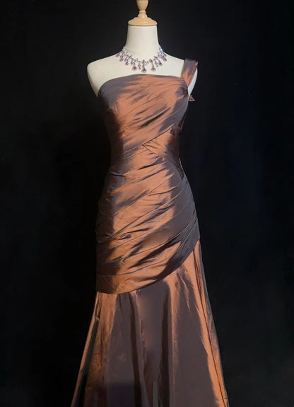 Vintage Prom Dresses Inspo Mermaid One Shoulder Chocolate With Ruffled 80s Long Formal Gown N2831