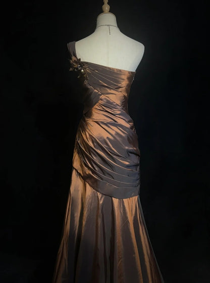 Vintage Prom Dresses Inspo Mermaid One Shoulder Chocolate With Ruffled 80s Long Formal Gown N2831