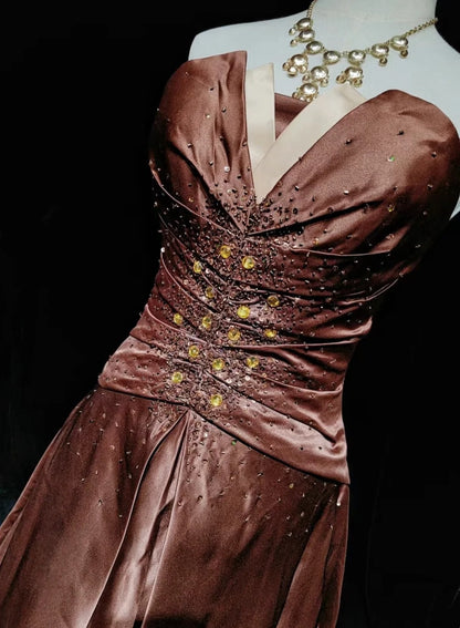 Beautiful Prom Dresses Inspo Ball Gown Sweetheart Satin With Beaded Chocolate Women Formal Dress N3187