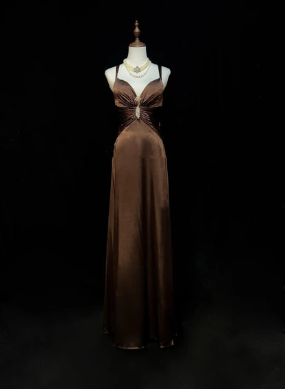Vintage Prom Dresses A line Halter Brown Backless Satin With Pleated 1950s Long Formal Gown N2601