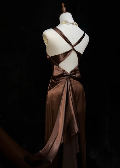 Vintage Prom Dresses A line Halter Brown Backless Satin With Pleated 1950s Long Formal Gown N2601