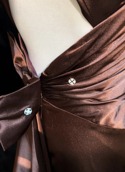 Vintage Prom Dresses A line Halter Brown Backless Satin With Pleated 1950s Long Formal Gown N2601