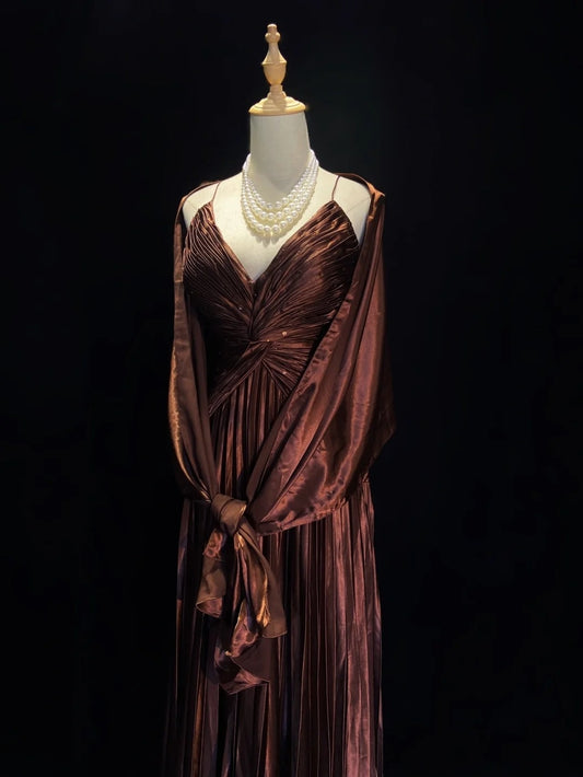 Trendy Prom Dresses Inspiration Mermaid Spaghetti Strap Chocolate Gala Satin Backless With Cape Formal Gowns N3189