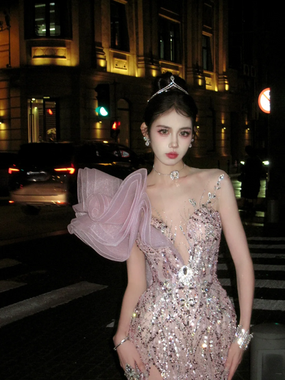 New Mermaid One Shoulder Pink Layered Prom Dress Aesthetic Long Graduation Evening Outfits N078