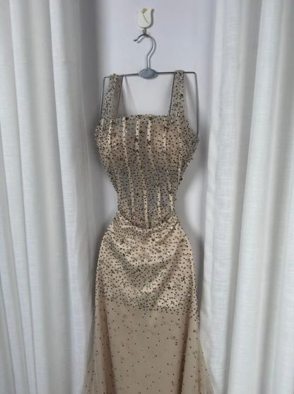 Sparkly Mermaid Square Neck Champagne Sequins Senior Prom Dresses High School Long Formal Dress N1320