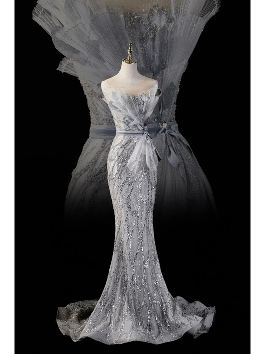 Elegant Mermaid Strapless Silver Gray Sequin Long Prom Dress Charming Evening Party Gowns Fashion Wedding Guest Dress AB1023