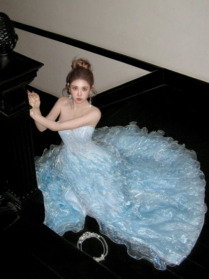 Modest Ball Gown Off The Shoulder Blue Organza With Long Cape Sleeves Tiered Layered Prom Dress Aesthetic Long Graduation Evening Outfits N054