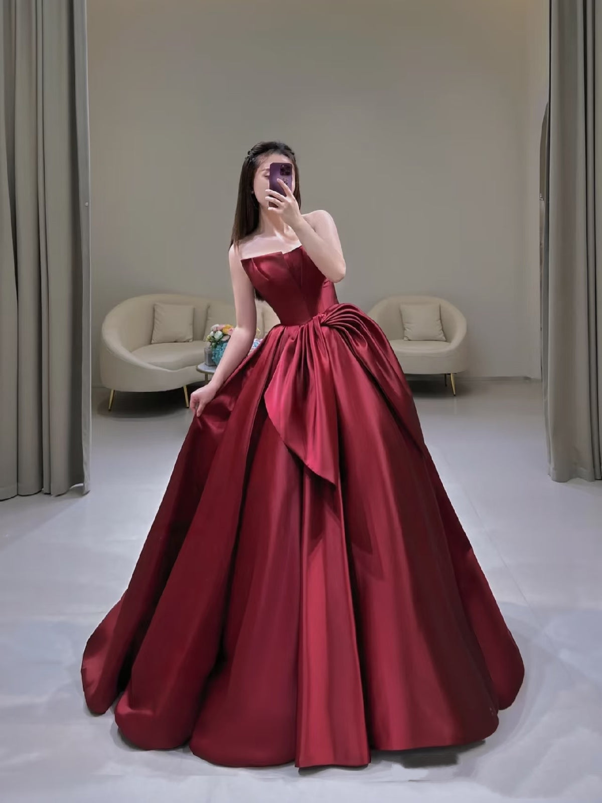 Classy Ball Gown Strapless Burgundy Satin Prom Dresses Party Dress Dance Senior High School Graduation Dress AU425