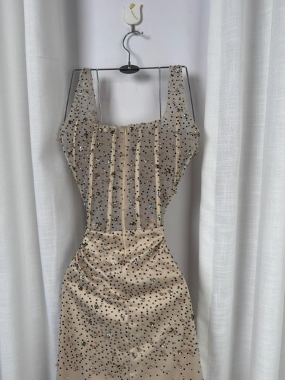 Sparkly Mermaid Square Neck Champagne Sequins Senior Prom Dresses High School Long Formal Dress N1320