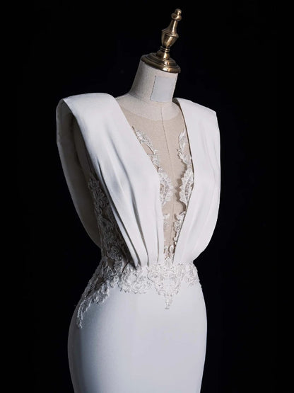 Simple Mermaid V Neckline Satin Sleeveless White Lace Wedding Dress Fairytale Autumn Bridal Dresses N544