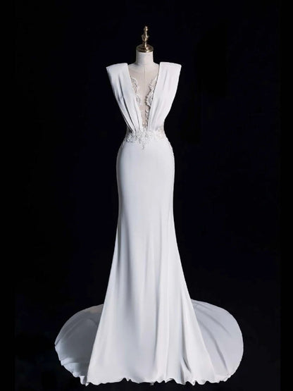 Simple Mermaid V Neckline Satin Sleeveless White Lace Wedding Dress Fairytale Autumn Bridal Dresses N544