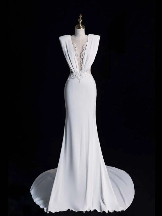 Simple Mermaid V Neckline Satin Sleeveless White Lace Wedding Dress Fairytale Autumn Bridal Dresses N544