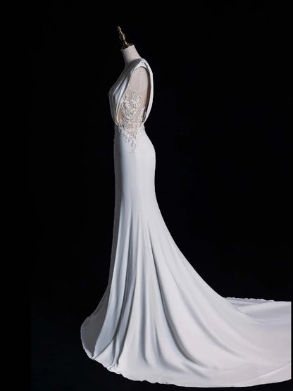 Simple Mermaid V Neckline Satin Sleeveless White Lace Wedding Dress Fairytale Autumn Bridal Dresses N544