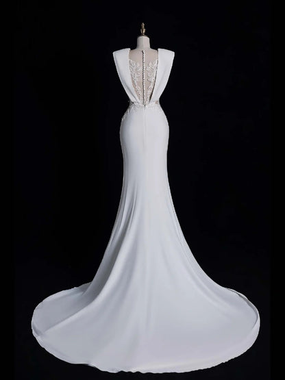 Simple Mermaid V Neckline Satin Sleeveless White Lace Wedding Dress Fairytale Autumn Bridal Dresses N544