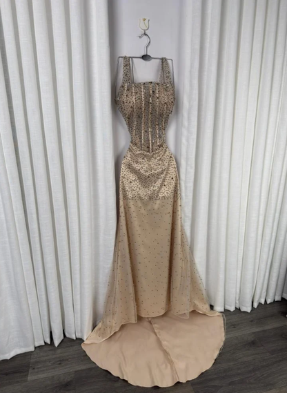 Sparkly Mermaid Square Neck Champagne Sequins Senior Prom Dresses High School Long Formal Dress N1320