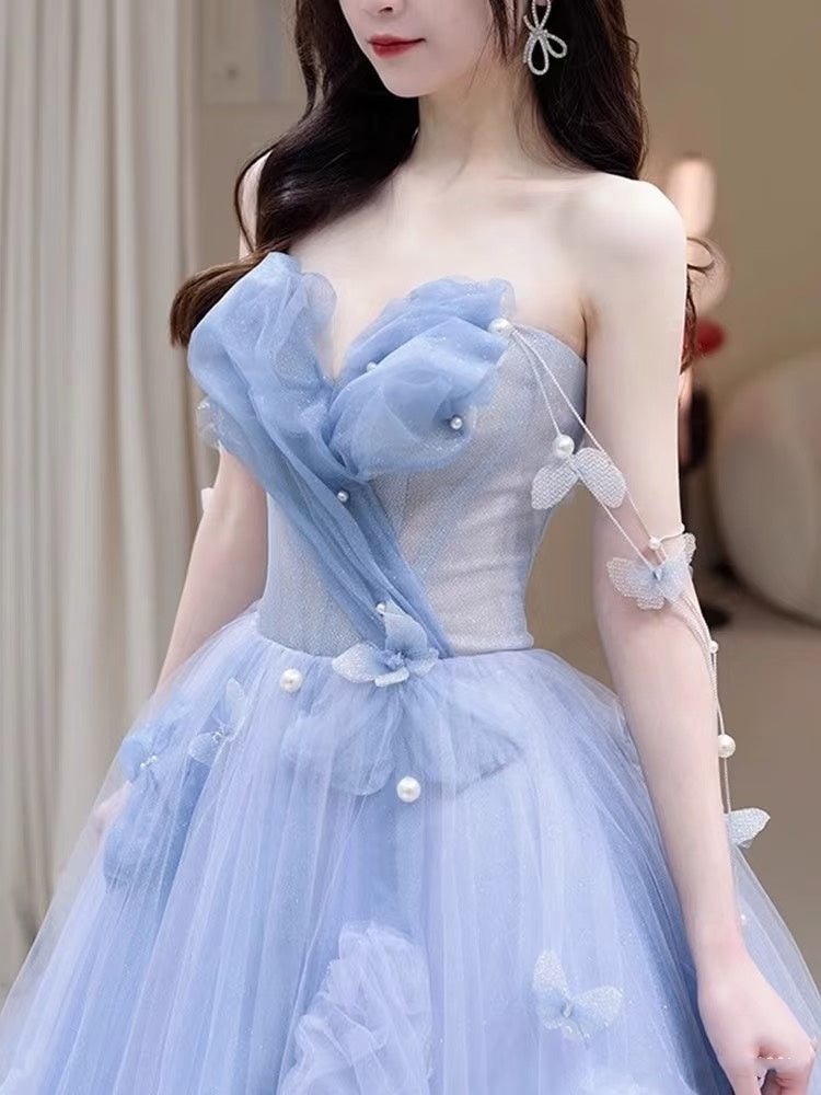 Charming Ball Gown Sweetheart Blue Tulle Long Prom Dresses Formal Party Dress Prom Gown AU112