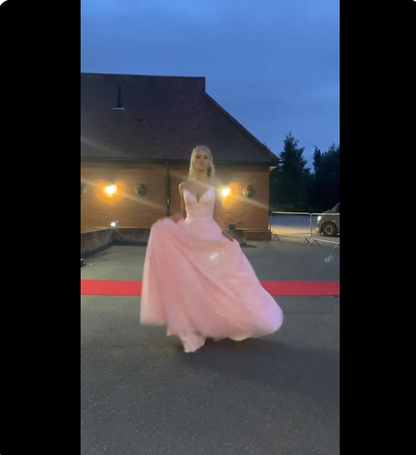 Classy V-neck Pink Sparkle Tulle A-line Long Prom Dresses Inspo Long Prom Gown AB316