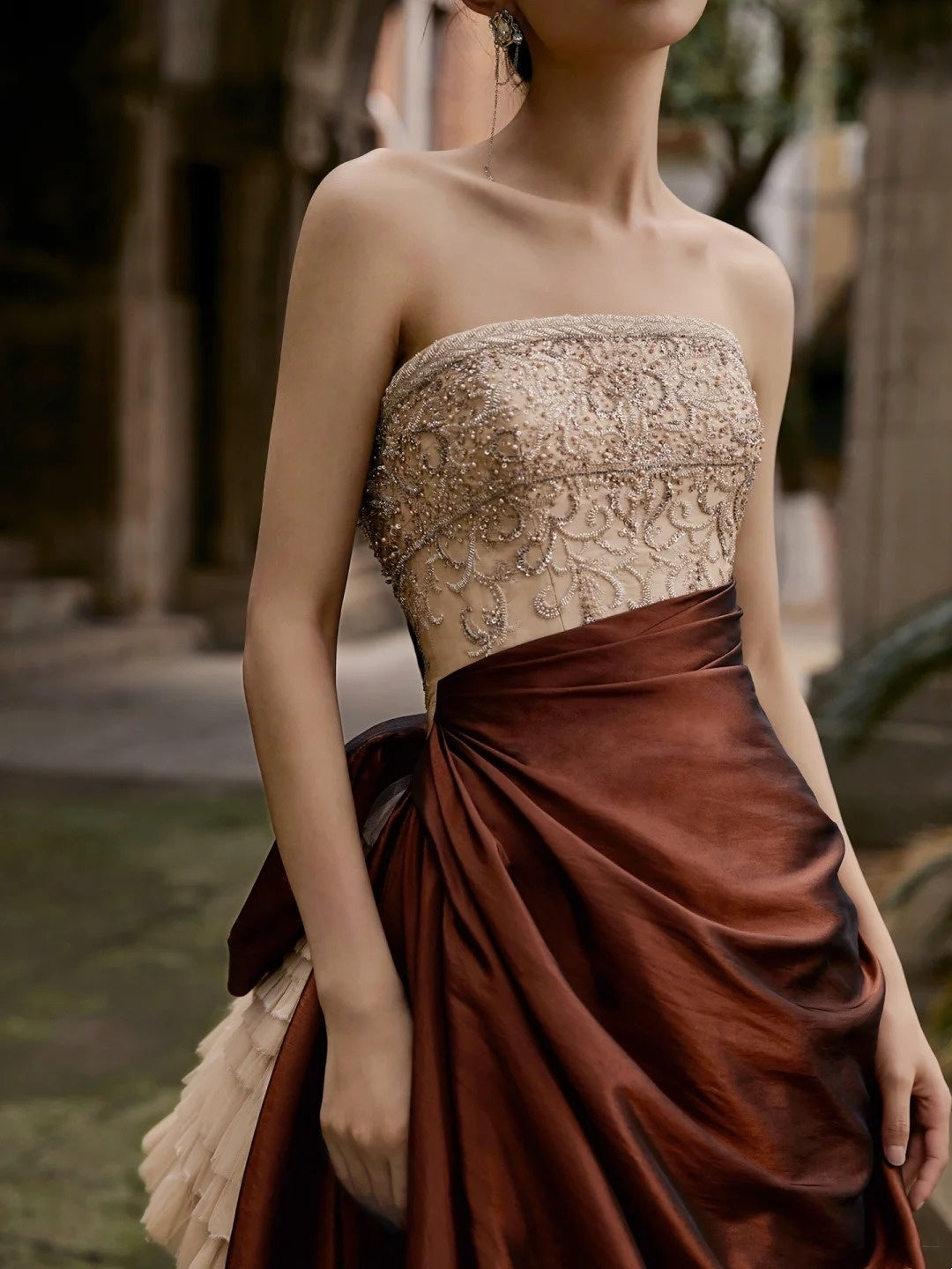 Modest Ball Gown Strapless Champagne Beaded Top Brown Skirt Long Evening Prom Dresses Long Evening Formal Dress N272