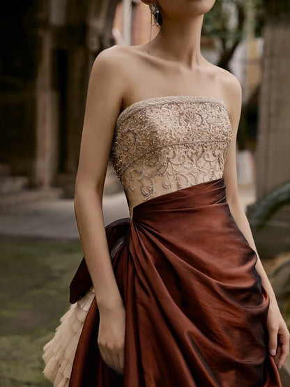 Modest Ball Gown Strapless Champagne Beaded Top Brown Skirt Long Evening Prom Dresses Long Evening Formal Dress N272