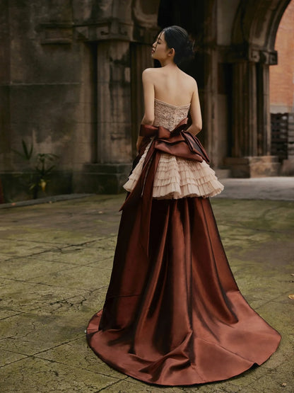 Modest Ball Gown Strapless Champagne Beaded Top Brown Skirt Long Evening Prom Dresses Long Evening Formal Dress N272