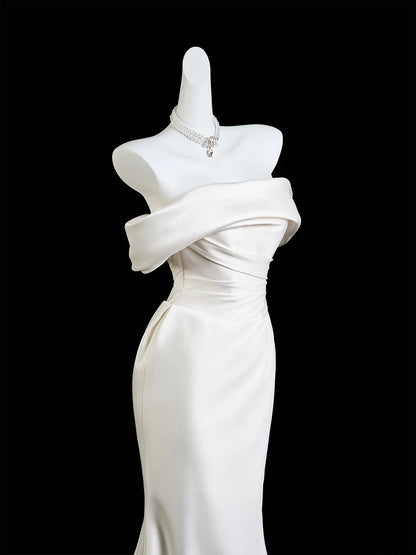 Classic Mermaid Wedding Dresses Off The Shoulder Satin White With Short Sleeves Brides Dress Fitted Bridal Gowns N233